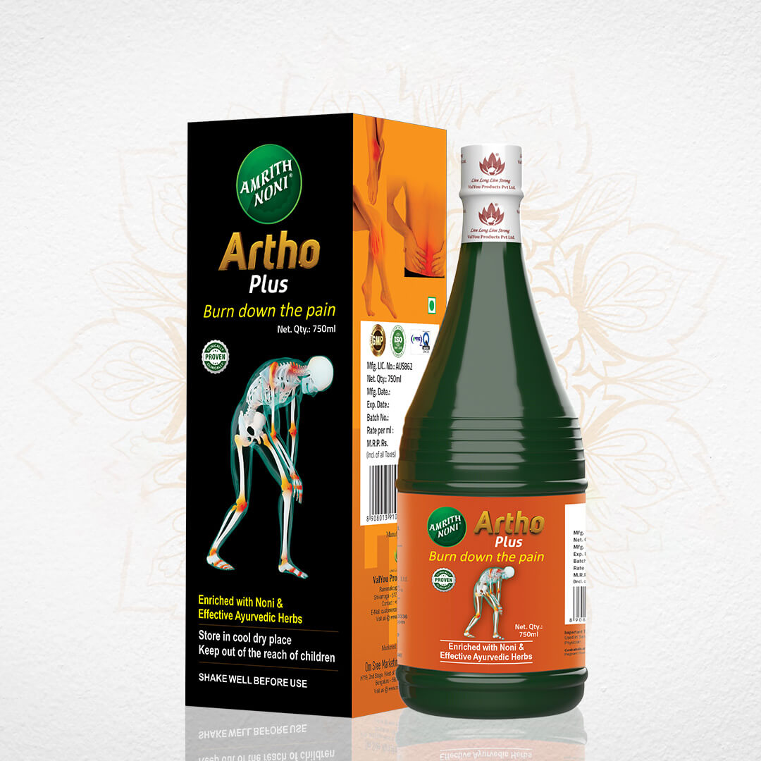 Packaging of Amrith Noni Artho Plus 750ml bottle shown against a white background