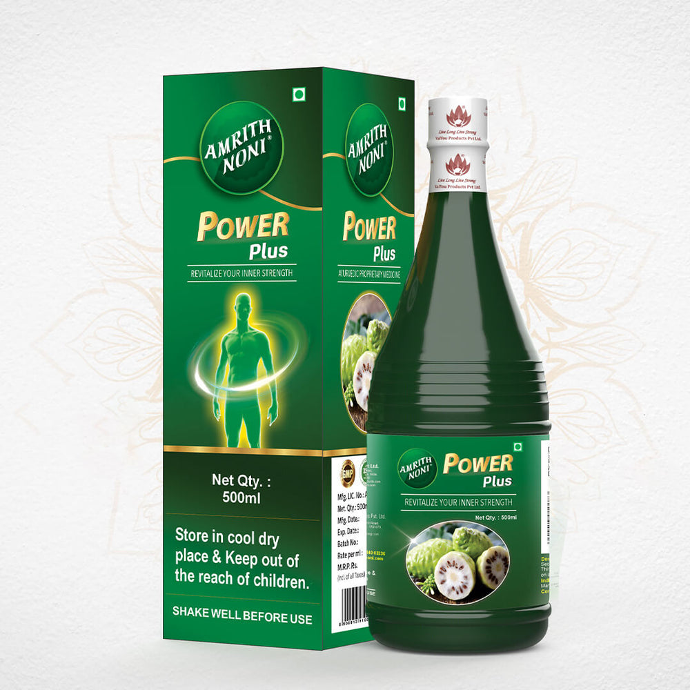 Packaging of Amrith Noni Power Plus 500ml bottle shown against a light background