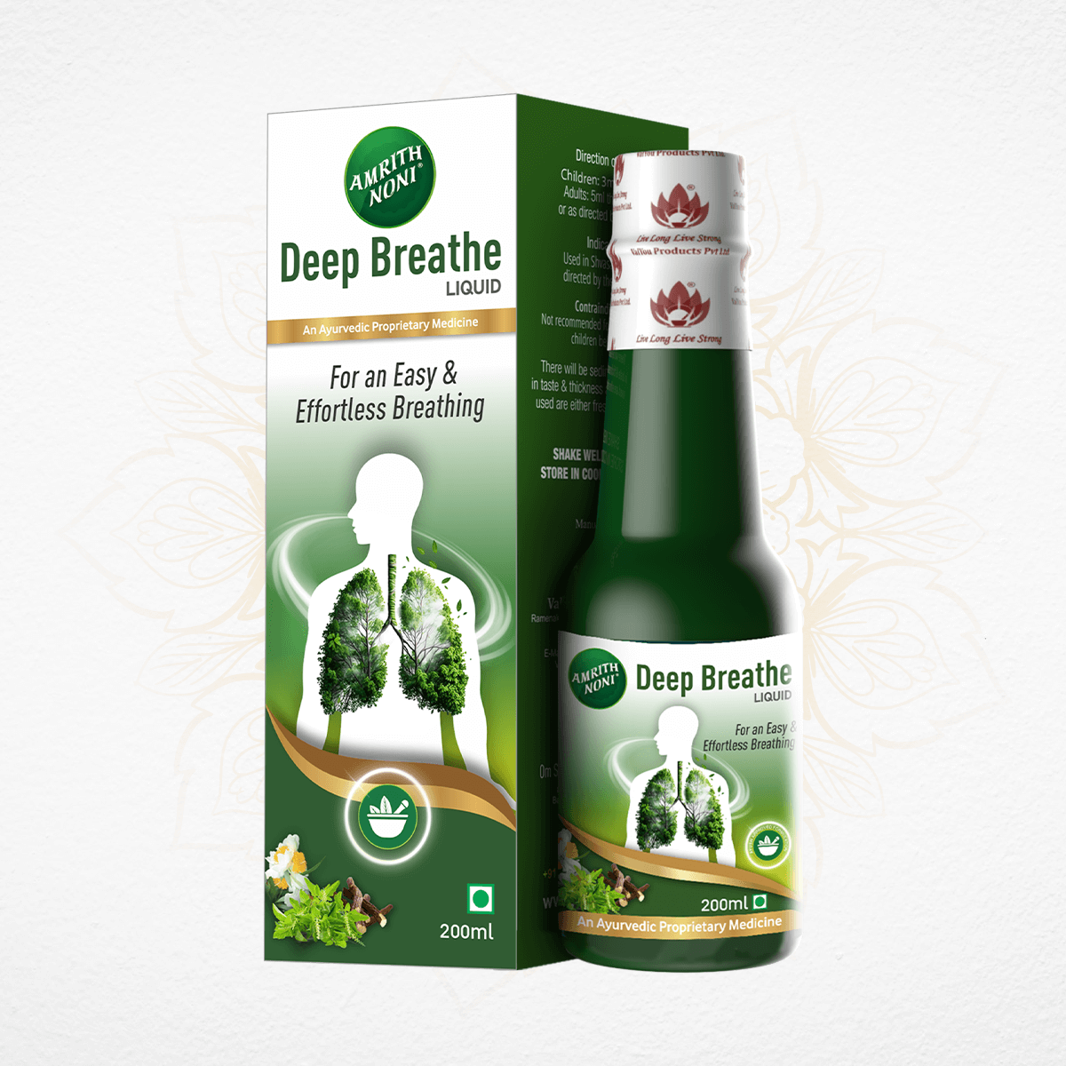Amrith Noni Deep Breathe liquid bottle and packaging on a white background