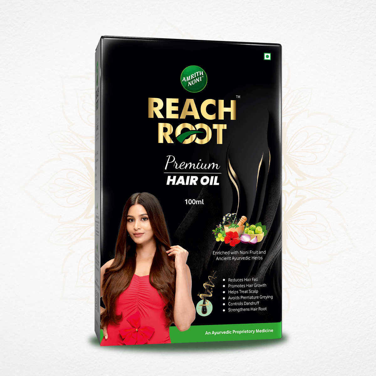 Packaging of Amrith Noni Reach Root Premium Hair Oil with Ayurvedic ingredients for hair growth