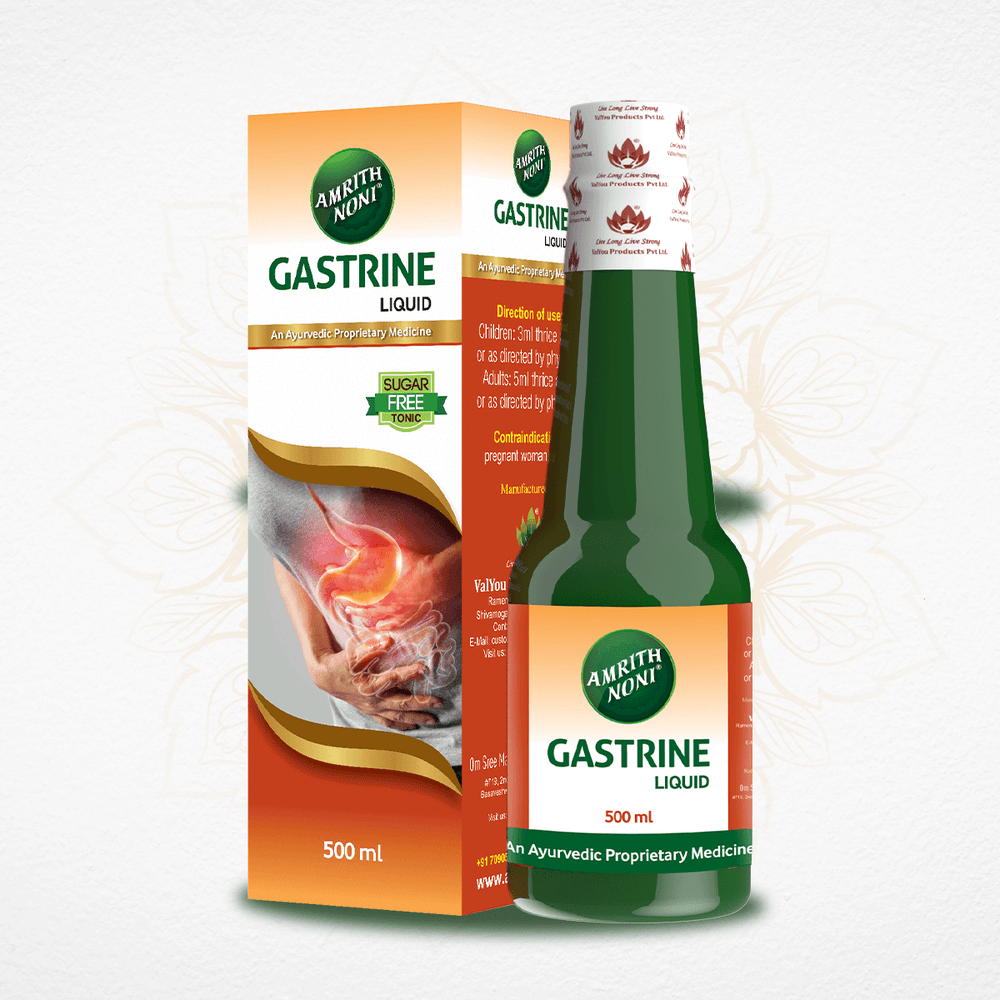 Amrith Noni Gastrine product bottle with packaging displayed on a light background