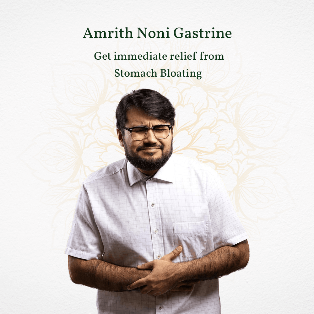 
                  
                    Man in white shirt and glasses with digestive health text highlighting stomach bloating relief on a light background
                  
                