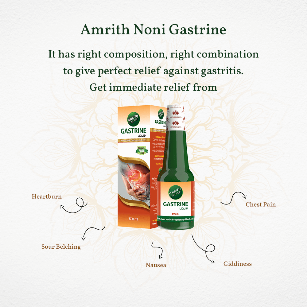 
                  
                    Packaging of Amrith Noni Gastrine with highlighted text about gastritis symptom relief
                  
                