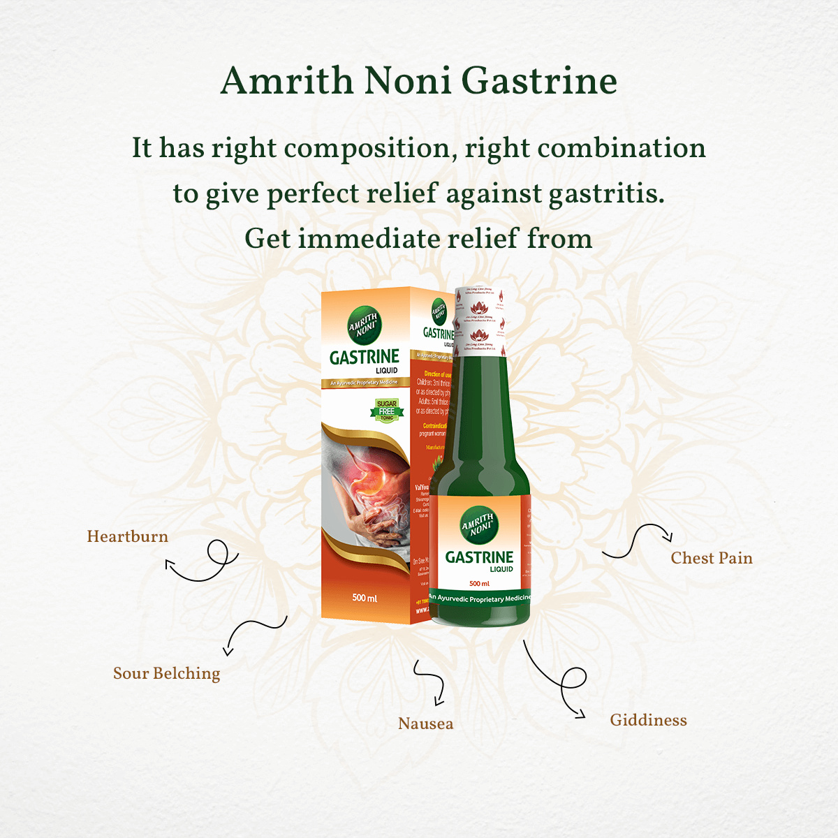 
                  
                    Packaging of Amrith Noni Gastrine with highlighted text about gastritis symptom relief
                  
                