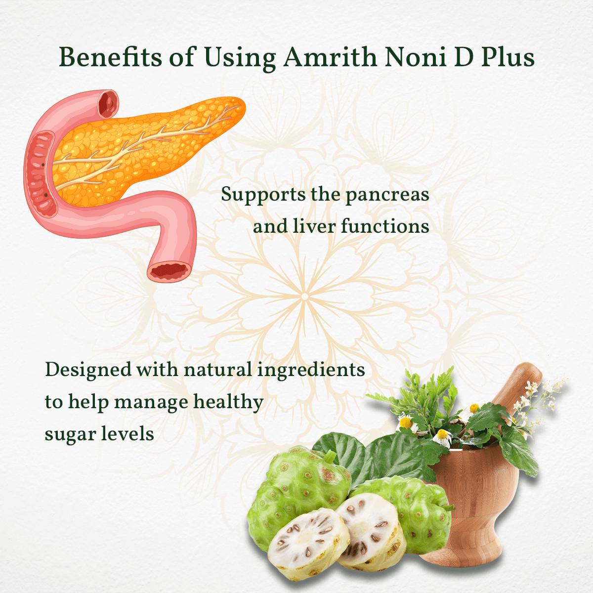 
                  
                    Amrith Noni D Plus advertisement displaying natural ingredients and benefits for pancreas, liver health, and sugar control
                  
                
