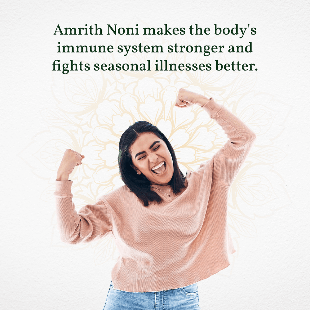 
                  
                    Strong woman flexing muscles with Amrith Noni benefits highlighted on a light background
                  
                