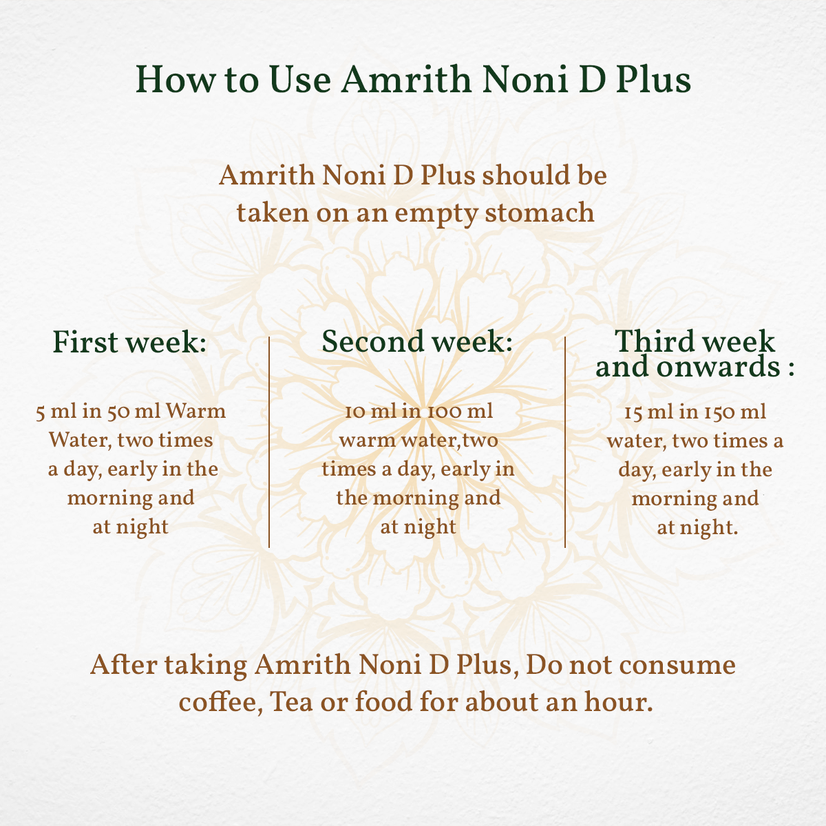 
                  
                    Amrith Noni D Plus usage guide with clear dosage instructions displayed
                  
                