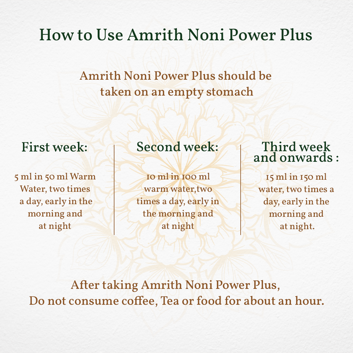 
                  
                    Amrith Noni Power Plus dosage instructions and usage details displayed
                  
                