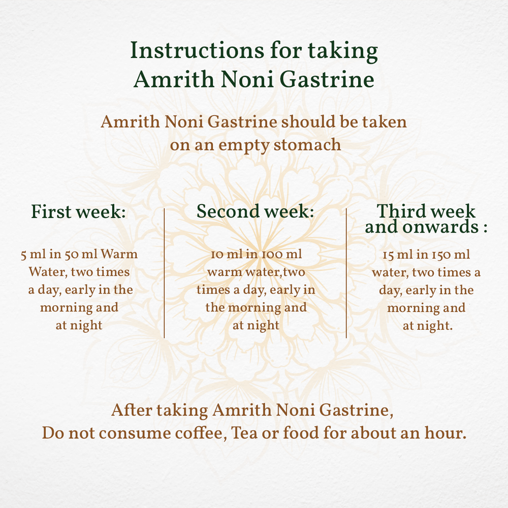 
                  
                    How to take Amrith Noni Gastrine with dosage information shown on a white background
                  
                