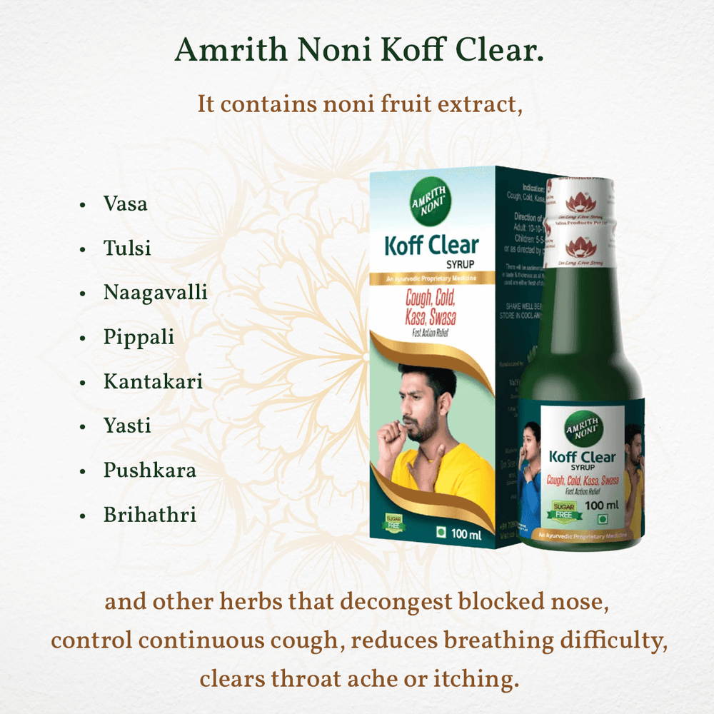 
                  
                    Amrith Noni Koff Clear Syrup packaging with ingredients list on a white background
                  
                