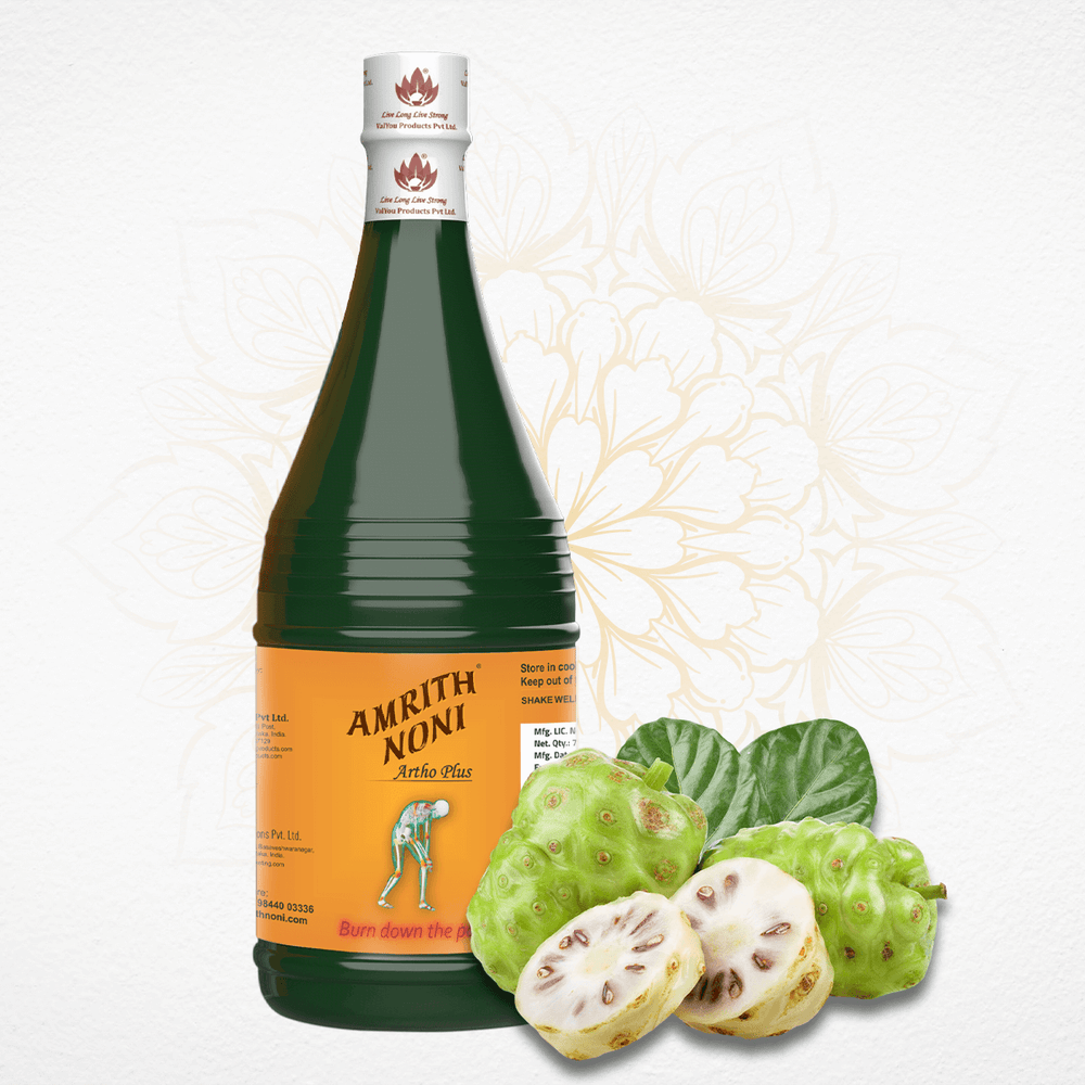 
                  
                    Amrith Noni bottle displayed with noni fruit on a plain white background
                  
                