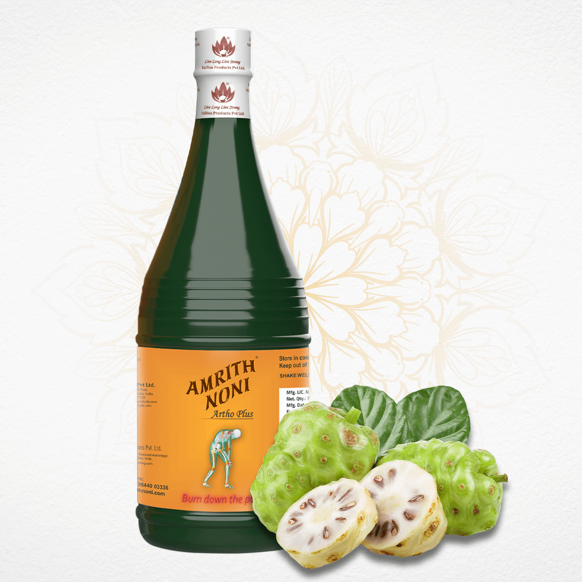 
                  
                    Amrith Noni bottle displayed with noni fruit on a plain white background
                  
                