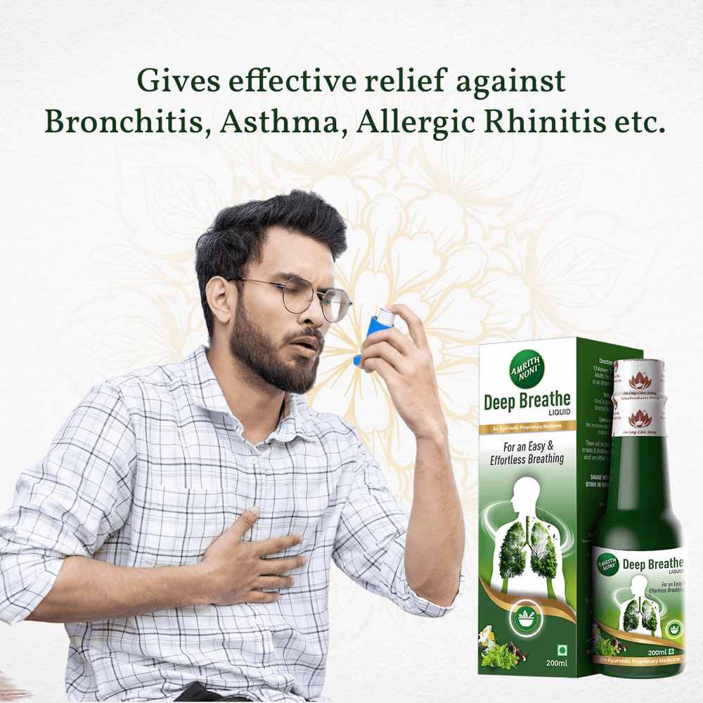 
                  
                    Man inhaling for respiratory support with Amrith Noni Deep Breathe product packaging displayed
                  
                
