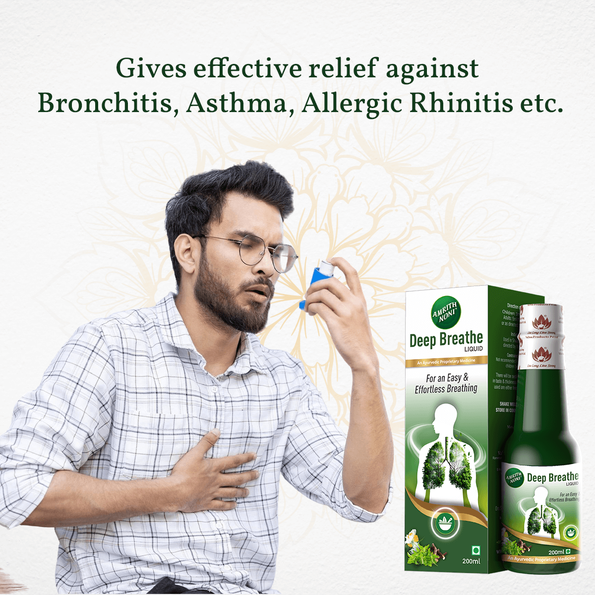 
                  
                    Man inhaling for respiratory support with Amrith Noni Deep Breathe product packaging displayed
                  
                