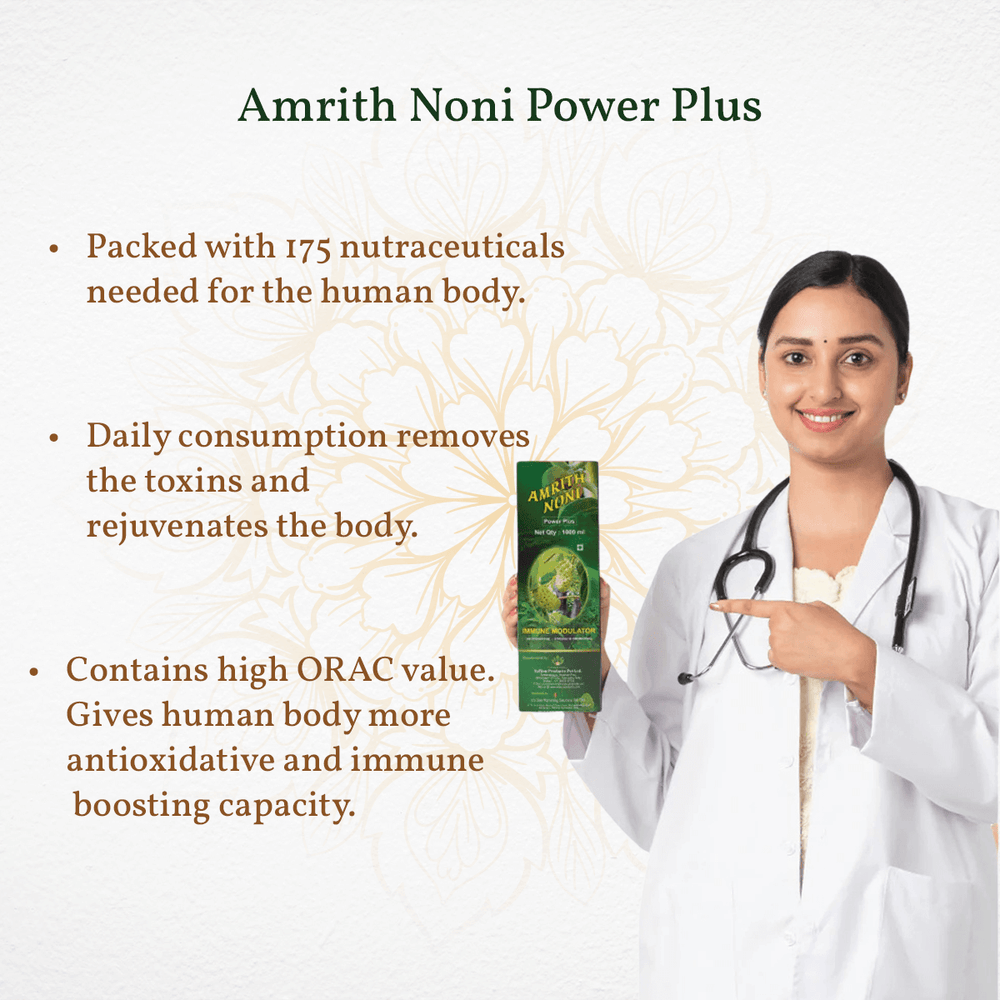 
                  
                    Doctor displaying Amrith Noni Power Plus packaging with product information on a white background
                  
                