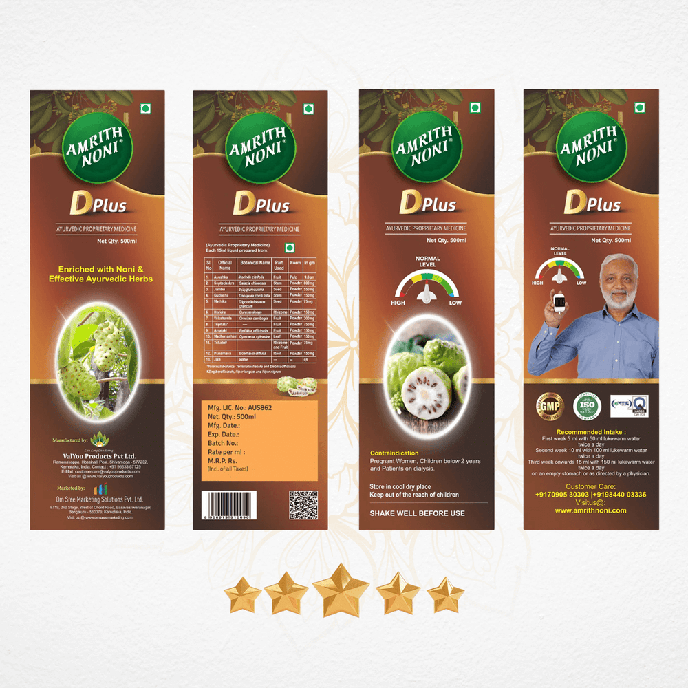 
                  
                    Amrith Noni D Plus supplement packaging with product details and five-star rating on a white background
                  
                