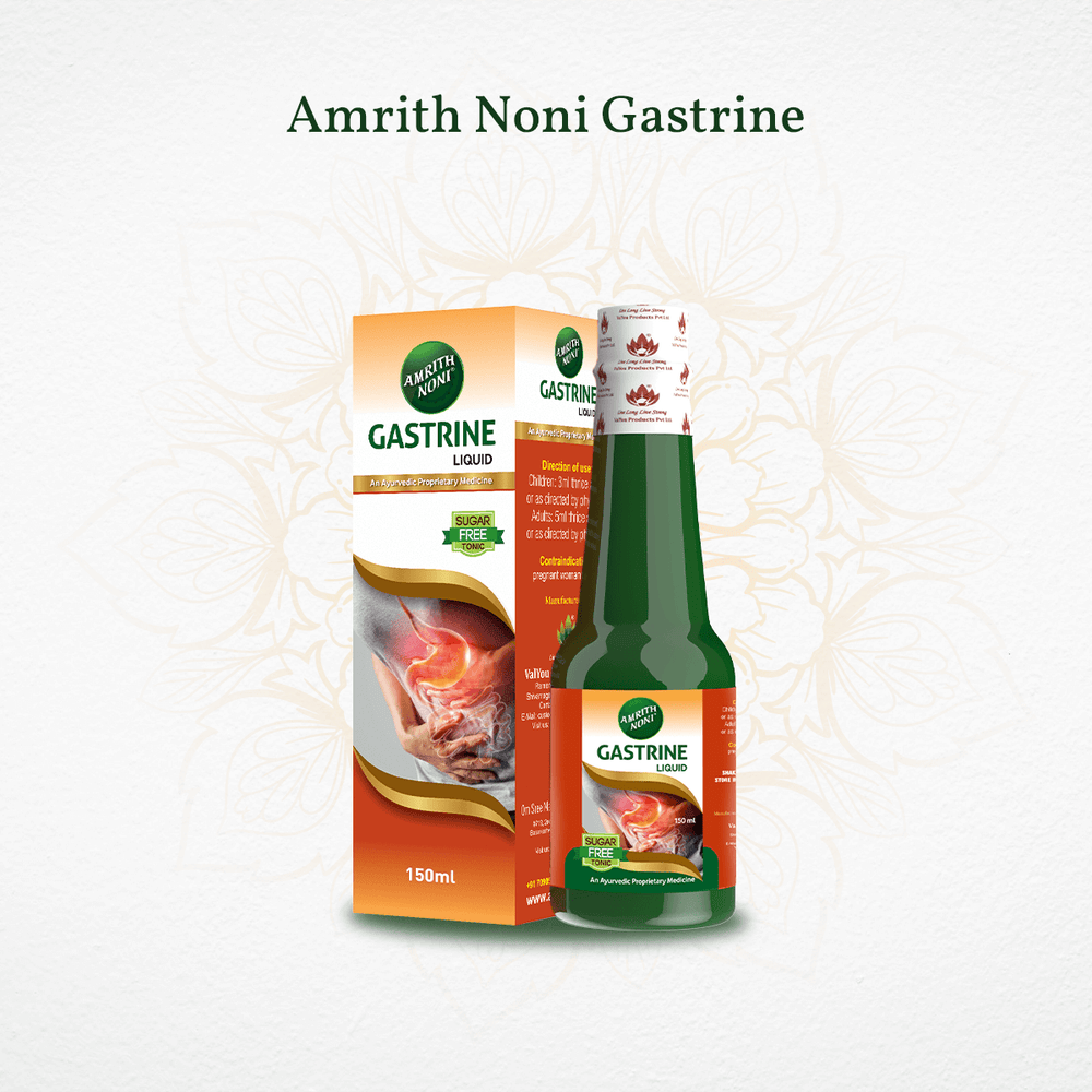 Amrith Noni Gastrine product bottle with packaging displayed on a light background