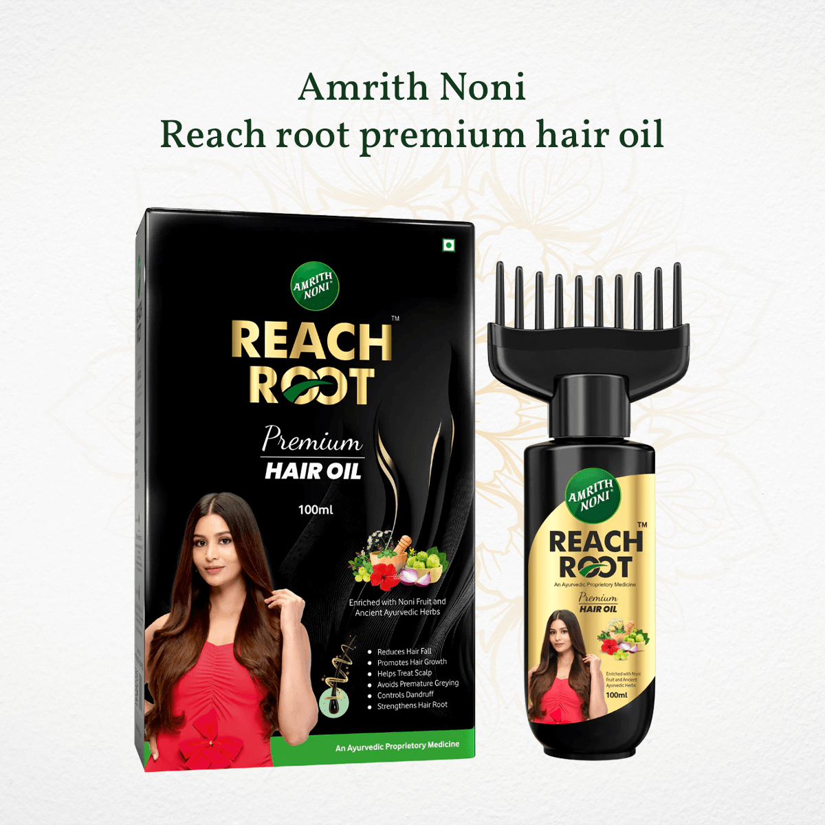 
                  
                    Amrith Noni Reach Root premium hair oil packaging and oil bottle on a white background
                  
                