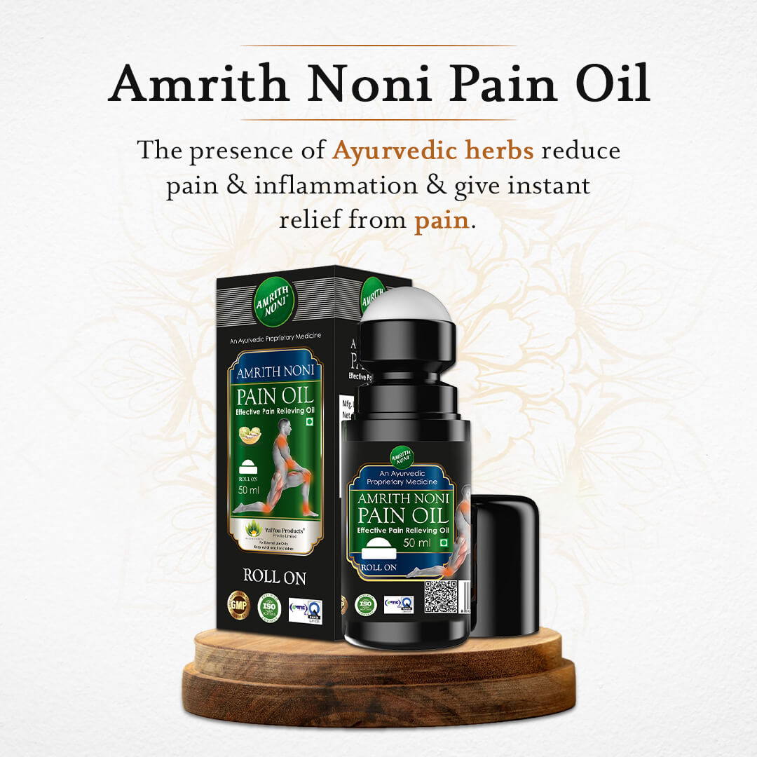 
                  
                    Amrith Noni Pain Oil Roll On bottle and box with Ayurvedic formulation for instant relief
                  
                