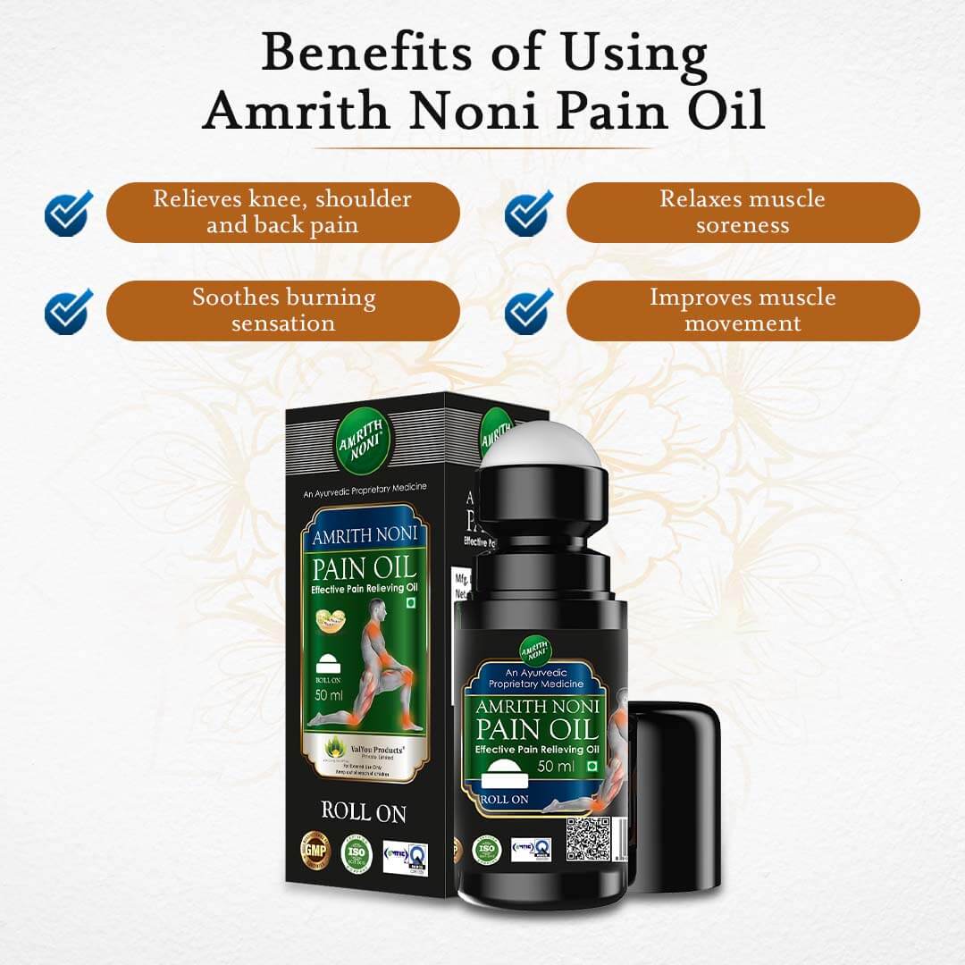 
                  
                    Packaging of Amrith Noni Pain Oil showing product benefits and brand information
                  
                