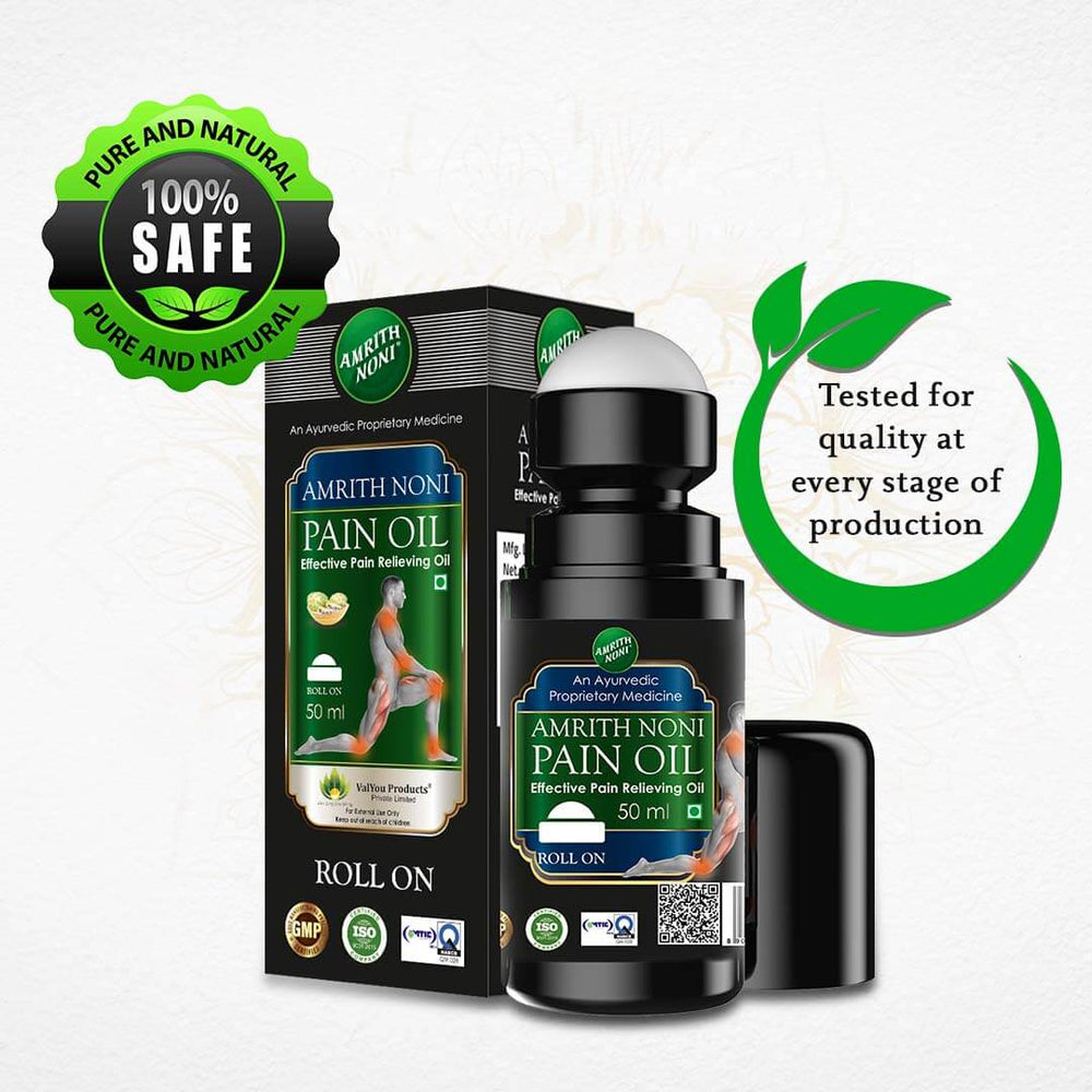 Packaging of Amrith Noni Pain Oil Roll On showing branding and safety certification logos