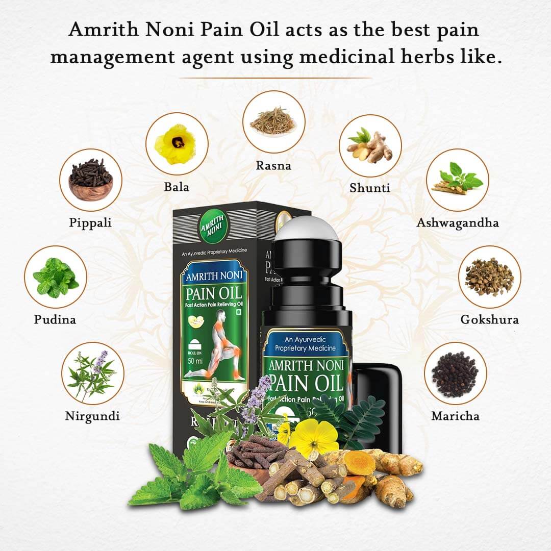 
                  
                    “Herbal pain relief product Amrith Noni Pain Oil Roll On shown with ingredients such as Ashwagandha, Nirgundi, and Pudina
                  
                