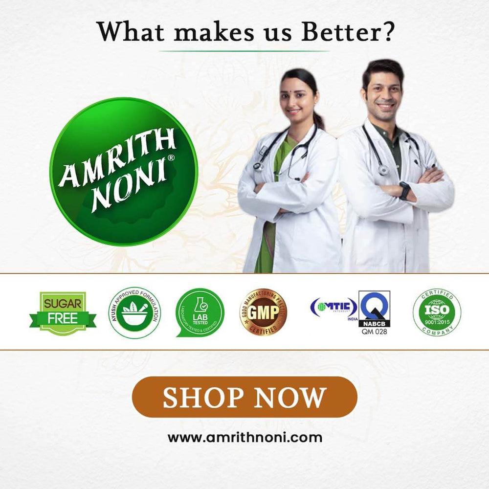 
                  
                    Amrith Noni brand advertisement showing doctors, certifications, and shop now message
                  
                