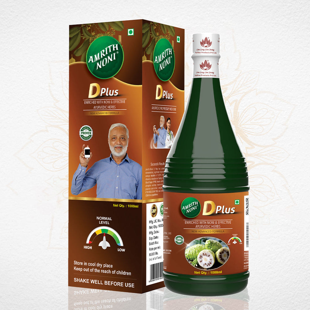 Packaging of Amrith Noni D Plus bottle shown against a white background